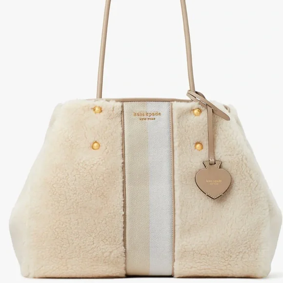 🆕 Kate Spade Everything Racing Stripe Faux Shearling Large Tote Cream Multi Bag